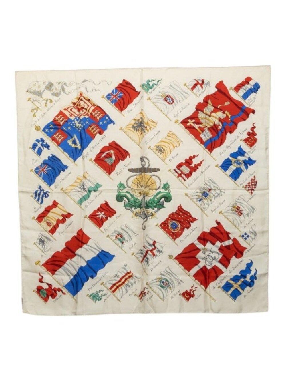 Hermes Carre 90 Pavois Flag Scarf Ivory Multicolor Silk